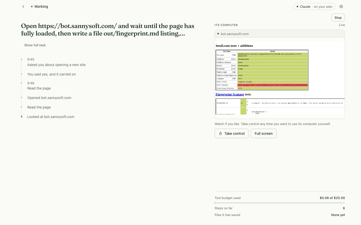 A running browser task with a step-by-step activity feed, live Chromium view, Take control button, and an estimated tool budget.